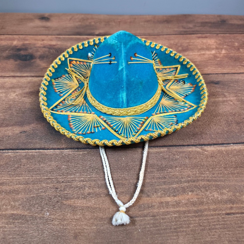 Pigalle Sombrero Mexican Hat Teal Gold Velvet Sequin XXXXX Good Braided Strap